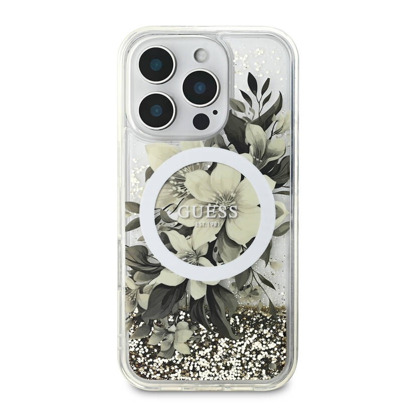 Apple iPhone 16 Pro Kılıf Guess Orjinal Lisanslı M-safe Şarj Özellikli Sıvılı Simli Çiçek Desenli Kapak - 3