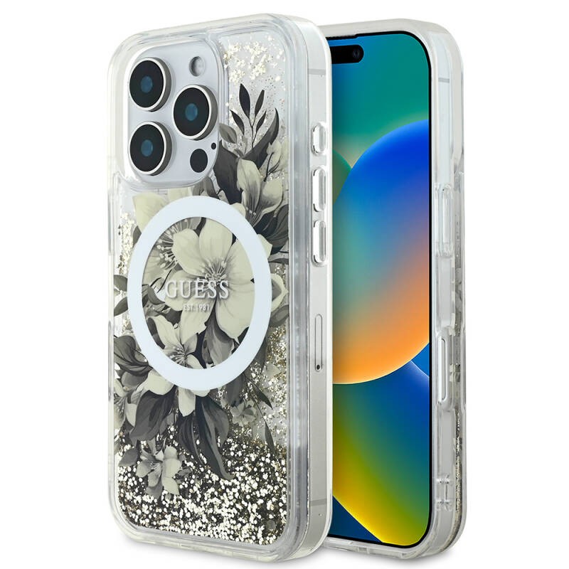 Apple iPhone 16 Pro Kılıf Guess Orjinal Lisanslı M-safe Şarj Özellikli Sıvılı Simli Çiçek Desenli Kapak - 1