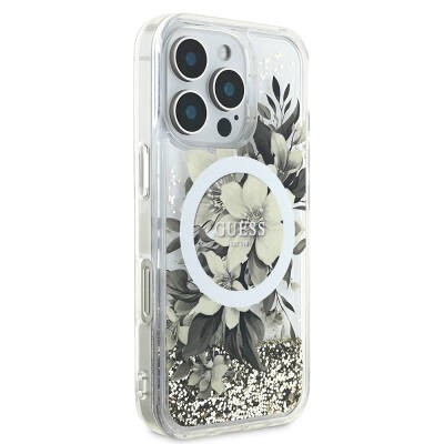 Apple iPhone 16 Pro Kılıf Guess Orjinal Lisanslı M-safe Şarj Özellikli Sıvılı Simli Çiçek Desenli Kapak - 4