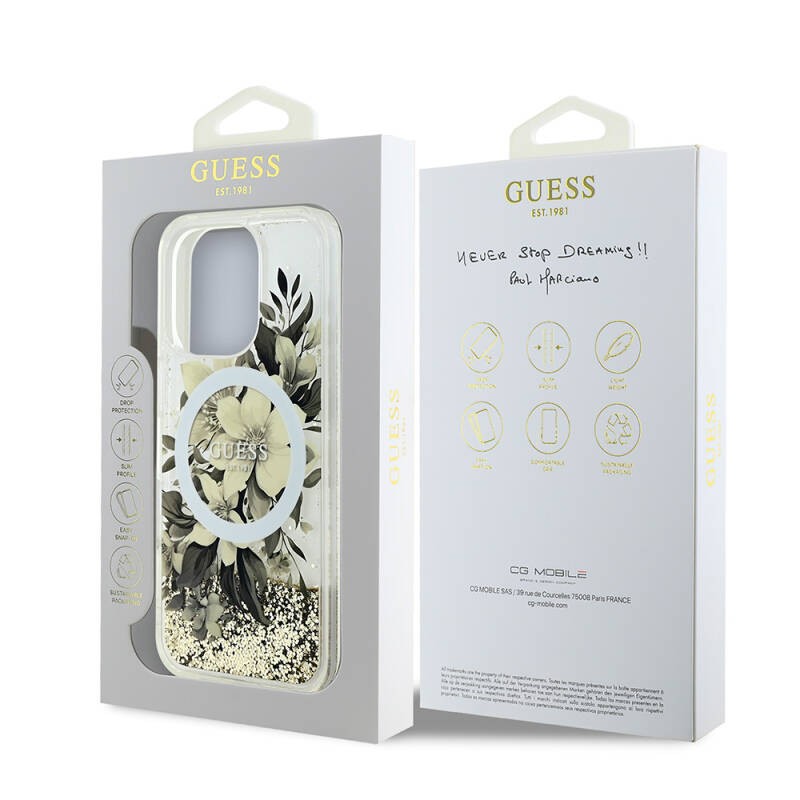 Apple iPhone 16 Pro Kılıf Guess Orjinal Lisanslı M-safe Şarj Özellikli Sıvılı Simli Çiçek Desenli Kapak - 7