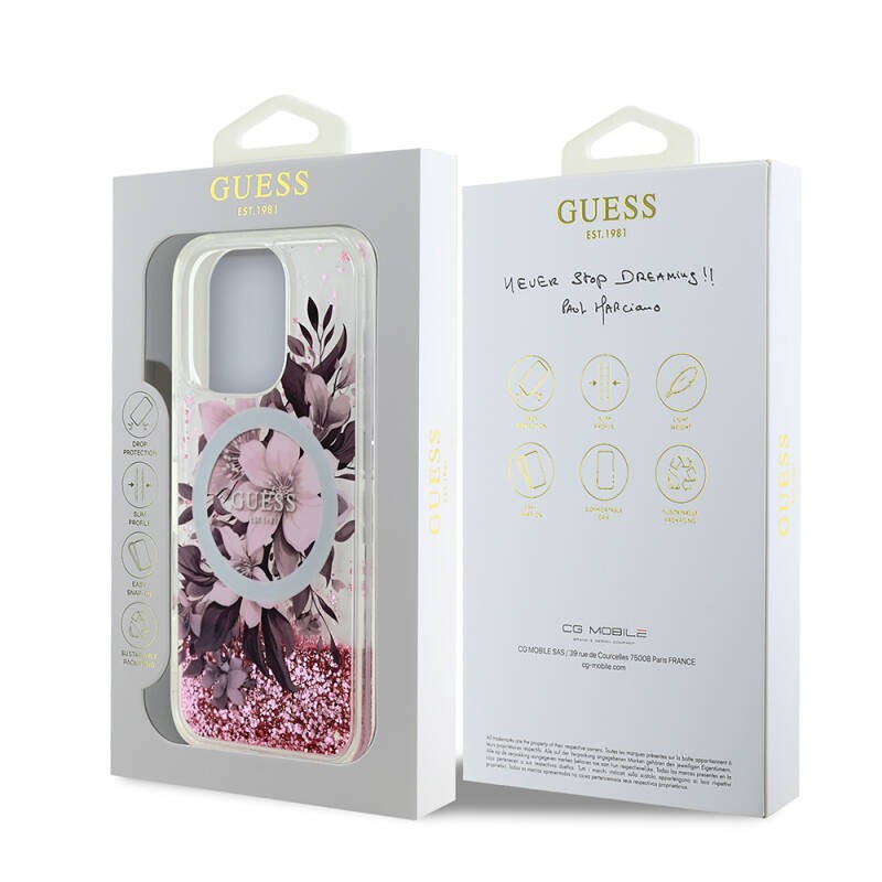 Apple iPhone 16 Pro Kılıf Guess Orjinal Lisanslı M-safe Şarj Özellikli Sıvılı Simli Çiçek Desenli Kapak - 14