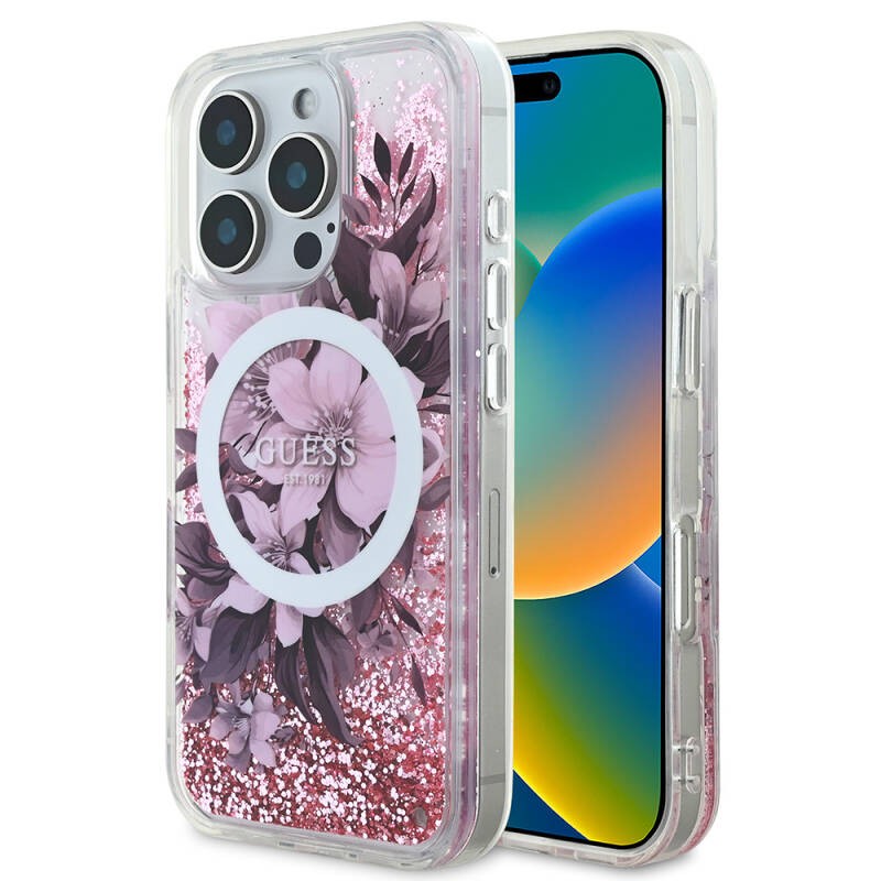 Apple iPhone 16 Pro Kılıf Guess Orjinal Lisanslı M-safe Şarj Özellikli Sıvılı Simli Çiçek Desenli Kapak - 8