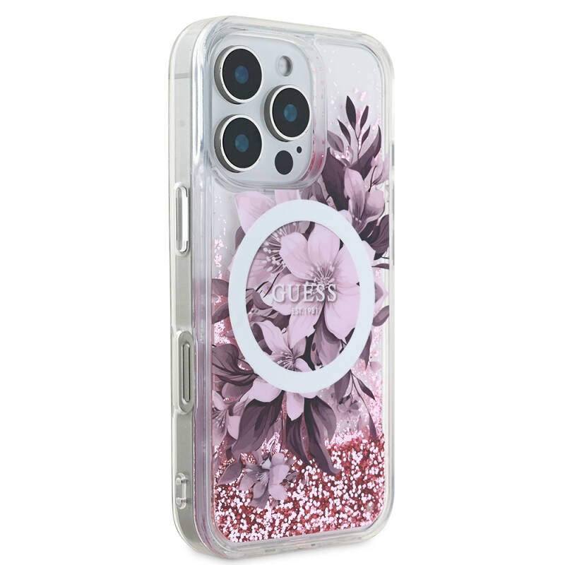 Apple iPhone 16 Pro Kılıf Guess Orjinal Lisanslı M-safe Şarj Özellikli Sıvılı Simli Çiçek Desenli Kapak - 11