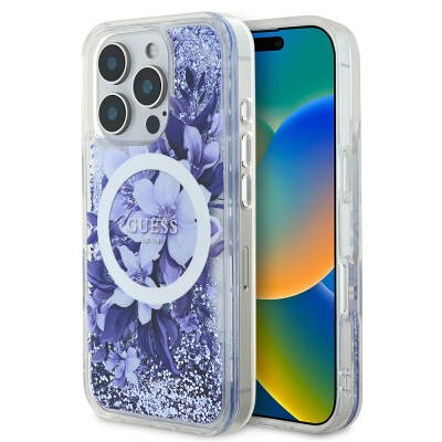 Apple iPhone 16 Pro Kılıf Guess Orjinal Lisanslı M-safe Şarj Özellikli Sıvılı Simli Çiçek Desenli Kapak - 16