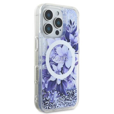 Apple iPhone 16 Pro Kılıf Guess Orjinal Lisanslı M-safe Şarj Özellikli Sıvılı Simli Çiçek Desenli Kapak - 20