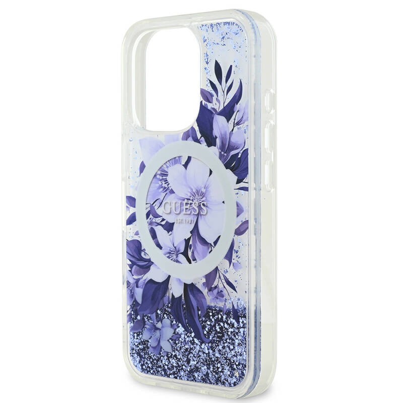 Apple iPhone 16 Pro Kılıf Guess Orjinal Lisanslı M-safe Şarj Özellikli Sıvılı Simli Çiçek Desenli Kapak - 22