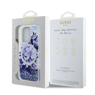 Apple iPhone 16 Pro Kılıf Guess Orjinal Lisanslı M-safe Şarj Özellikli Sıvılı Simli Çiçek Desenli Kapak - 24
