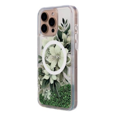 Apple iPhone 16 Pro Kılıf Guess Orjinal Lisanslı M-safe Şarj Özellikli Sıvılı Simli Çiçek Desenli Kapak - 25