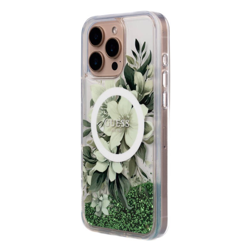 Apple iPhone 16 Pro Kılıf Guess Orjinal Lisanslı M-safe Şarj Özellikli Sıvılı Simli Çiçek Desenli Kapak - 25
