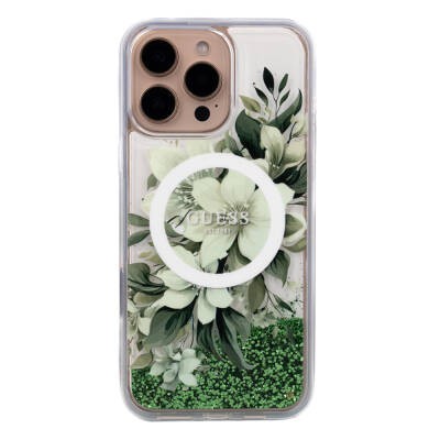 Apple iPhone 16 Pro Kılıf Guess Orjinal Lisanslı M-safe Şarj Özellikli Sıvılı Simli Çiçek Desenli Kapak - 27