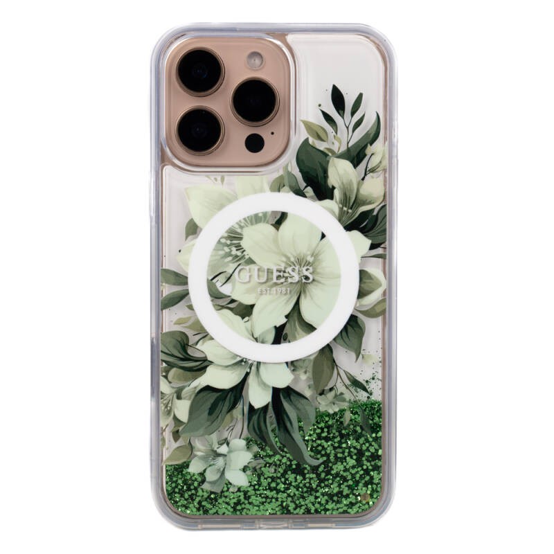 Apple iPhone 16 Pro Kılıf Guess Orjinal Lisanslı M-safe Şarj Özellikli Sıvılı Simli Çiçek Desenli Kapak - 27