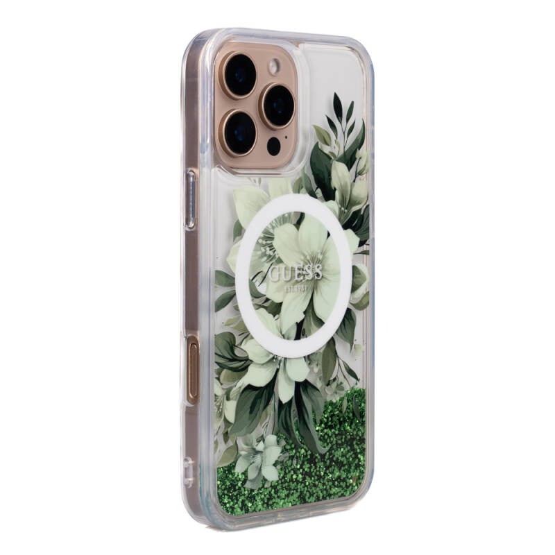 Apple iPhone 16 Pro Kılıf Guess Orjinal Lisanslı M-safe Şarj Özellikli Sıvılı Simli Çiçek Desenli Kapak - 28