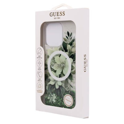 Apple iPhone 16 Pro Kılıf Guess Orjinal Lisanslı M-safe Şarj Özellikli Sıvılı Simli Çiçek Desenli Kapak - 31