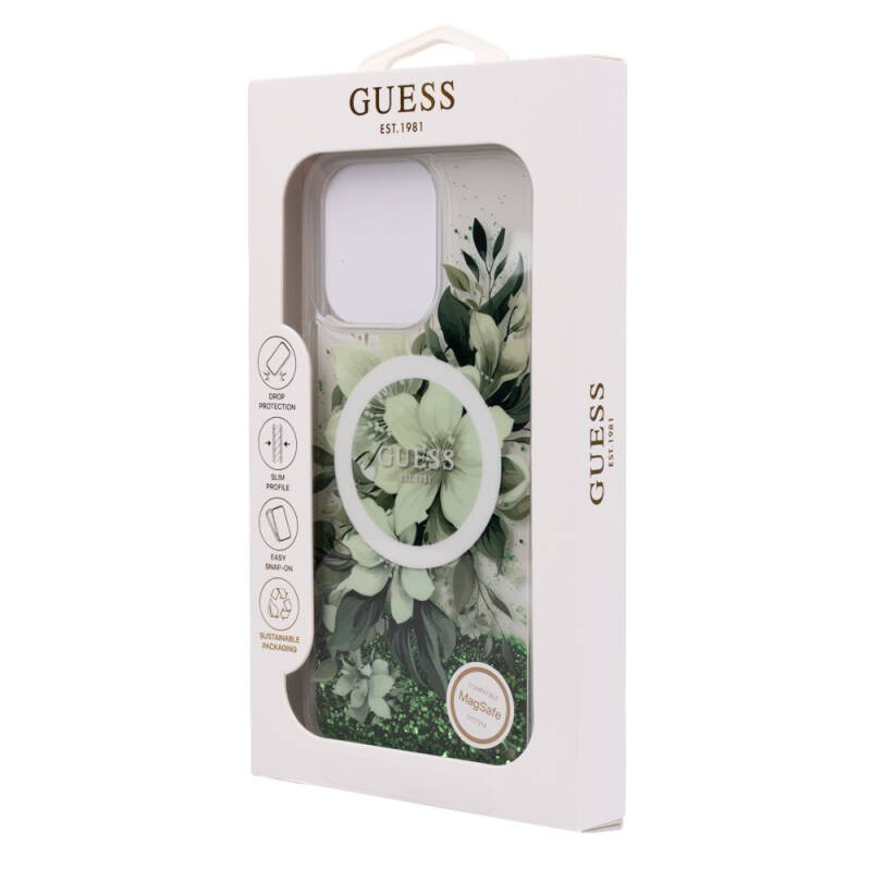 Apple iPhone 16 Pro Kılıf Guess Orjinal Lisanslı M-safe Şarj Özellikli Sıvılı Simli Çiçek Desenli Kapak - 31