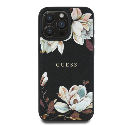 Apple iPhone 16 Pro Kılıf Guess Orjinal Lisanslı M-safe Şarj Özellikli Taneli Çiçek Tasarımlı Metal Yazı Logolu Kapak - Guess