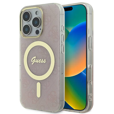 Apple iPhone 16 Pro Kılıf Guess Orjinal Lisanslı M-safe Şarj Özellikli Yazı Logolu 4G Desenli Kapak - Guess