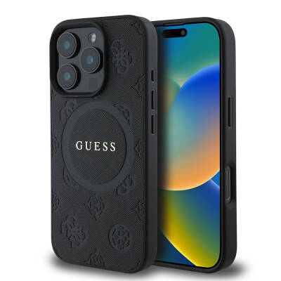 Apple iPhone 16 Pro Kılıf Guess Orjinal Lisanslı M-safe Şarj Özellikli Yazı Logolu Saffiano Peony Kapak - Guess