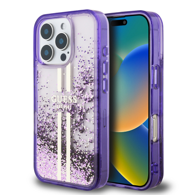 Apple iPhone 16 Pro Kılıf Guess Orjinal Lisanslı Transparan Sıvılı Simli Altın Çizgili Kapak - Guess