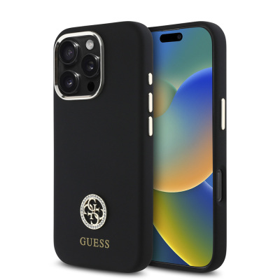 Apple iPhone 16 Pro Kılıf Guess Orjinal Lisanslı Yazı ve Taşlı 4G Logolu Metal Kamera Çerçeveli Silikon Kapak - Guess