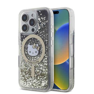 Apple iPhone 16 Pro Kılıf Hello Kitty Orjinal Lisanslı M-safe Şarj Özellikli IML Baskı Kitty Head Logolu Sıvılı Simli Altın Ateşi Kapak - Hello Kitty
