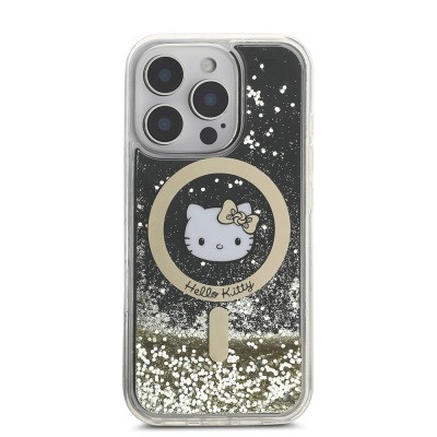 Apple iPhone 16 Pro Kılıf Hello Kitty Orjinal Lisanslı M-safe Şarj Özellikli IML Baskı Kitty Head Logolu Sıvılı Simli Altın Ateşi Kapak - 4