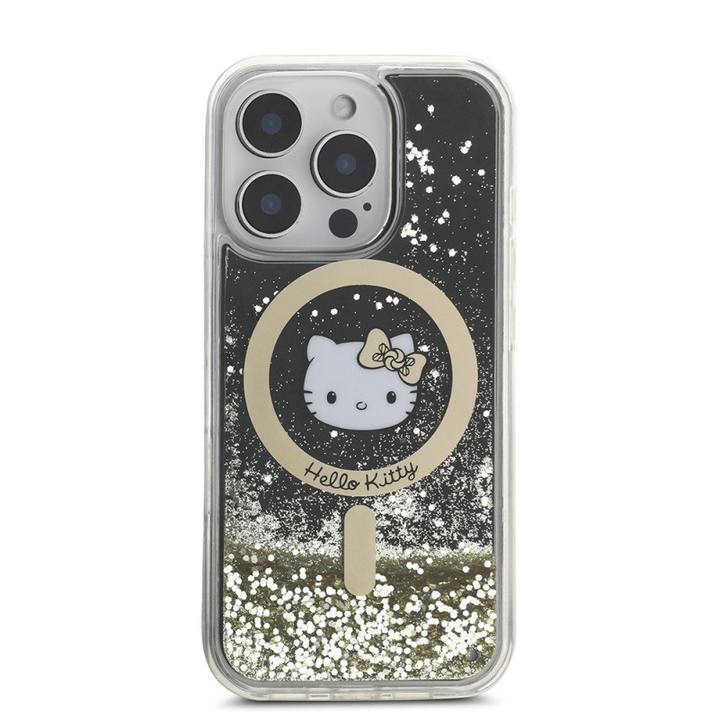 Apple iPhone 16 Pro Kılıf Hello Kitty Orjinal Lisanslı M-safe Şarj Özellikli IML Baskı Kitty Head Logolu Sıvılı Simli Altın Ateşi Kapak - 4