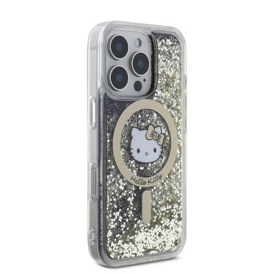 Apple iPhone 16 Pro Kılıf Hello Kitty Orjinal Lisanslı M-safe Şarj Özellikli IML Baskı Kitty Head Logolu Sıvılı Simli Altın Ateşi Kapak - 5