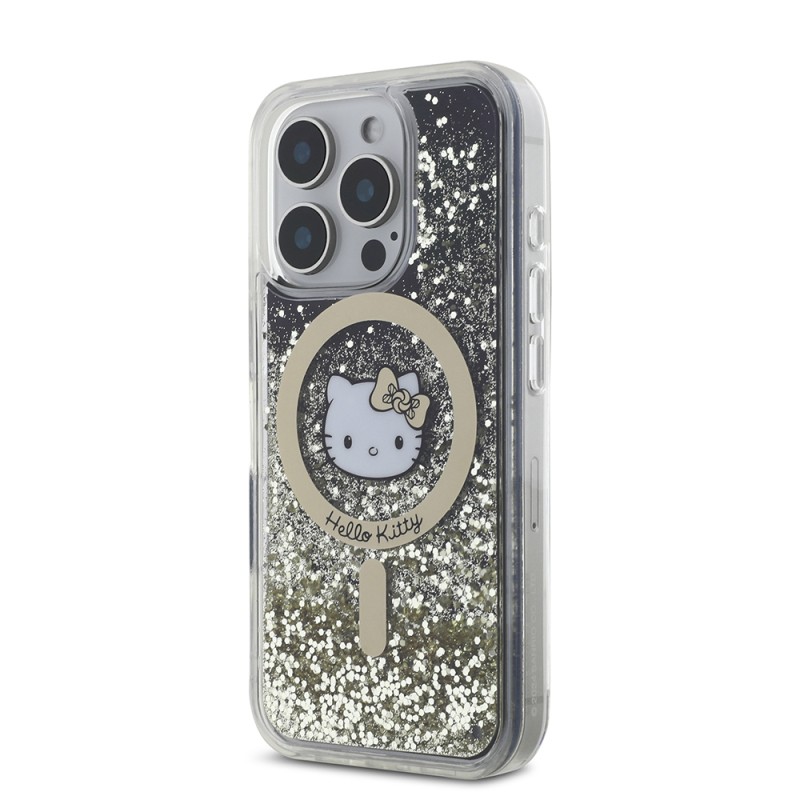 Apple iPhone 16 Pro Kılıf Hello Kitty Orjinal Lisanslı M-safe Şarj Özellikli IML Baskı Kitty Head Logolu Sıvılı Simli Altın Ateşi Kapak - 3