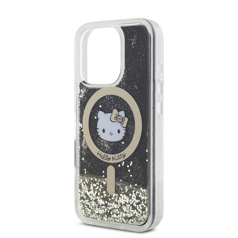 Apple iPhone 16 Pro Kılıf Hello Kitty Orjinal Lisanslı M-safe Şarj Özellikli IML Baskı Kitty Head Logolu Sıvılı Simli Altın Ateşi Kapak - 7