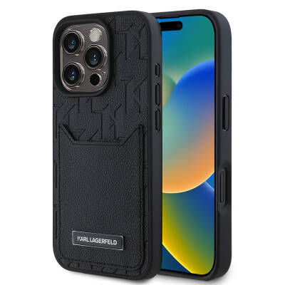 Apple iPhone 16 Pro Kılıf Karl Lagerfeld Orjinal Lisanslı Kartlıklı Monogram Sıcak Damgalı Elongated Logo Kapak - Karl Lagerfeld