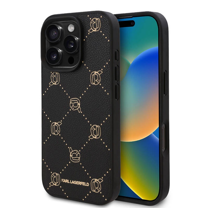 Apple iPhone 16 Pro Kılıf Karl Lagerfeld Orjinal Lisanslı M-safe Şarj Özellikli PU Deri Karl Heads Desenli Klasik Logolu Kapak - 1