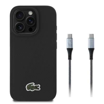 Apple iPhone 16 Pro Kılıf Lacoste Orjinal Lisanslı PU Pike Desenli Arka Yüzey İkonik Timsah Dokuma Logolu Kapak + Type-C Kablo 1.5m - Lacoste
