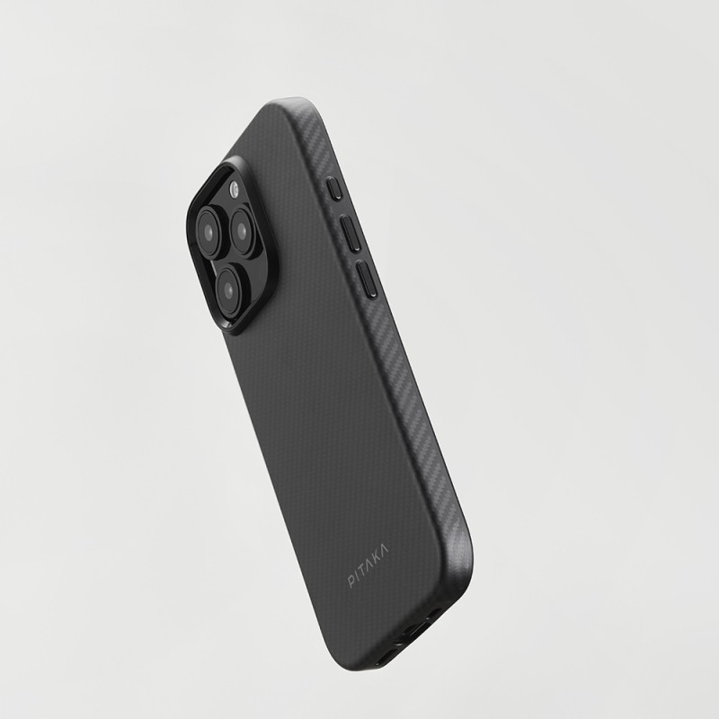 Apple iPhone 16 Pro Kılıf M-safe Şarj Özellikli Aramid Karbon Fiber Pitaka Military-Grade Classic Serisi New Logo Black-Grey Twill Kapak - 13