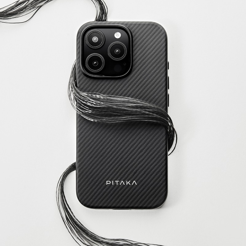 Apple iPhone 16 Pro Kılıf M-safe Şarj Özellikli Aramid Karbon Fiber Pitaka Military-Grade Classic Serisi New Logo Black-Grey Twill Kapak - 14