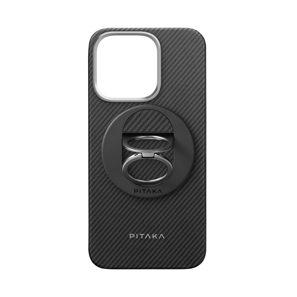 Apple iPhone 16 Pro Kılıf M-safe Şarj Özellikli Grip 3 Standlı 600D Aramid Fiber Pitaka Ultra-Slim Classic Serisi Black-Grey Twill Kapak - Siyah-Gri