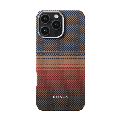 Apple iPhone 16 Pro Kılıf M-safe Şarj Özellikli Aramid Fiber Pitaka Tactile Woven Sunset-Moonrise Serisi Sunset Kapak - Pitaka