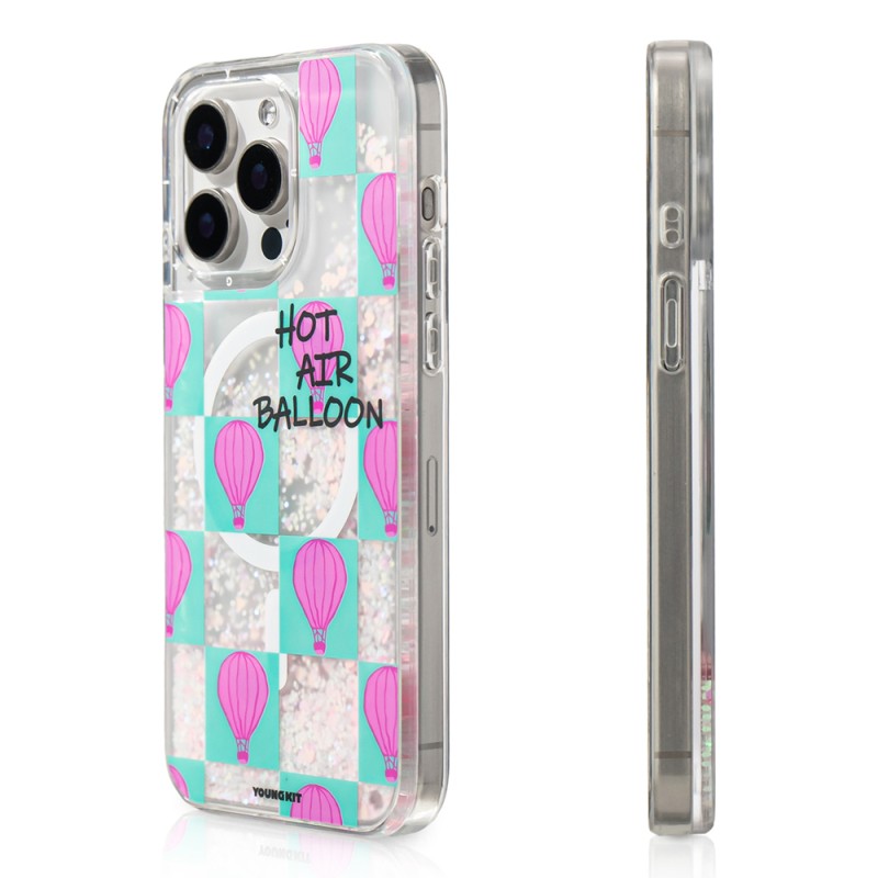 Apple iPhone 16 Pro Kılıf M-safe Şarj Özellikli Parlak Kumlu Sıvılı Youngkit Pink Dream Quicksand Serisi Kapak - 1
