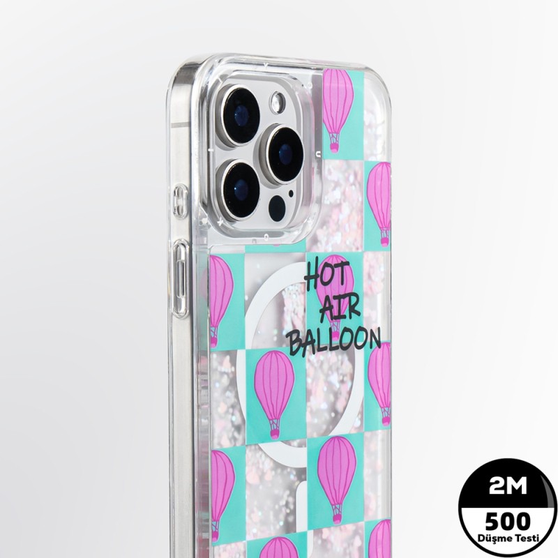 Apple iPhone 16 Pro Kılıf M-safe Şarj Özellikli Parlak Kumlu Sıvılı Youngkit Pink Dream Quicksand Serisi Kapak - 4