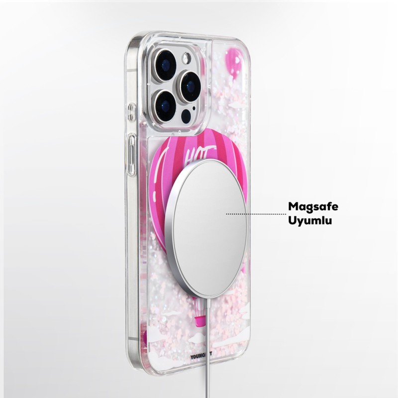 Apple iPhone 16 Pro Kılıf M-safe Şarj Özellikli Parlak Kumlu Sıvılı Youngkit Pink Dream Quicksand Serisi Kapak - 13