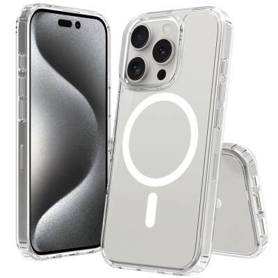 Apple iPhone 16 Pro Kılıf M-safe Şarj Özellikli Şeffaf Sert PC Zore Embos Kapak Şeffaf