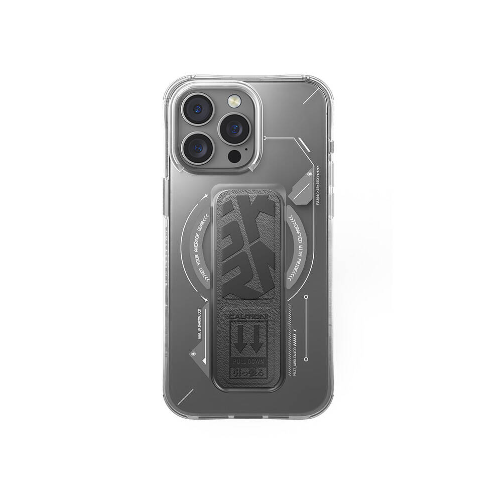 Apple iPhone 16 Pro Kılıf M-safe Şarj Özellikli Teknoloji Desenli Standlı Skinarma Helio Kapak - Gri