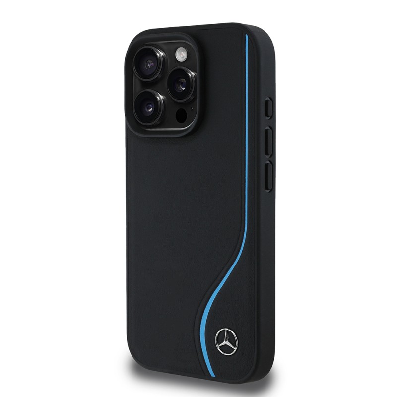 Apple iPhone 16 Pro Kılıf Mercedes Benz Orjinal Lisanslı M-safe Şarj Özellikli 3D Metal Logolu Mavi Dikey Eğri Çizgili Deri Kapak - 3