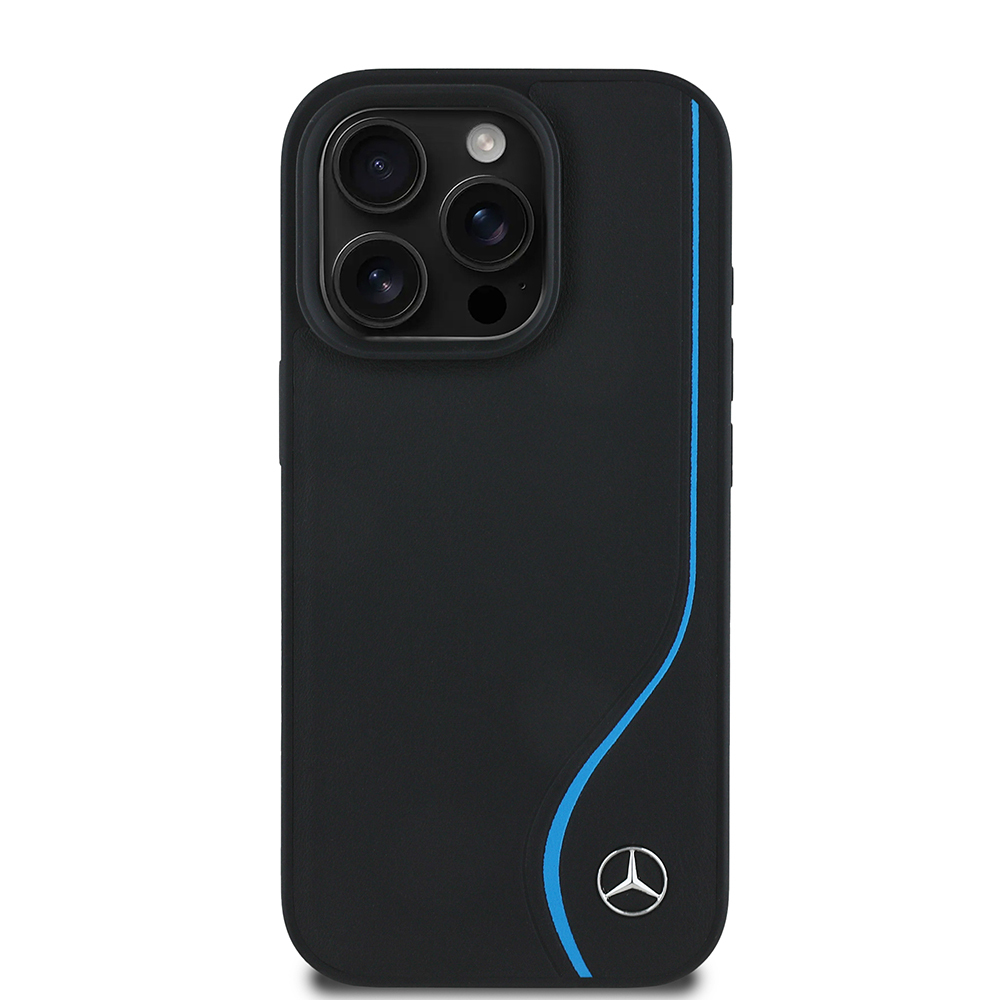 Apple iPhone 16 Pro Kılıf Mercedes Benz Orjinal Lisanslı M-safe Şarj Özellikli 3D Metal Logolu Mavi Dikey Eğri Çizgili Deri Kapak - Siyah