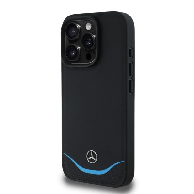 Apple iPhone 16 Pro Kılıf Mercedes Benz Orjinal Lisanslı M-safe Şarj Özellikli 3D Metal Logolu Mavi Yatay Eğri Çizgili Deri Kapak - 3