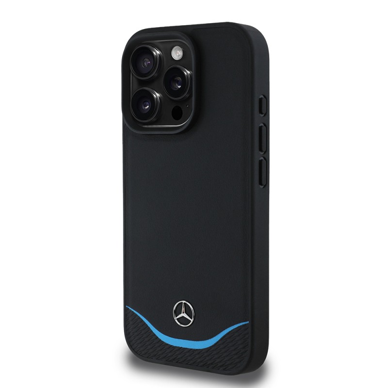 Apple iPhone 16 Pro Kılıf Mercedes Benz Orjinal Lisanslı M-safe Şarj Özellikli 3D Metal Logolu Mavi Yatay Eğri Çizgili Deri Kapak - 3
