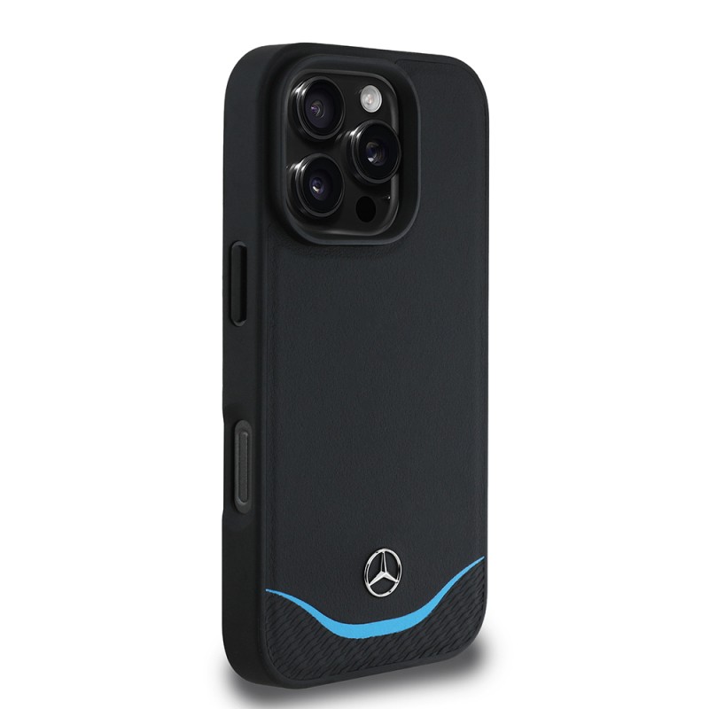 Apple iPhone 16 Pro Kılıf Mercedes Benz Orjinal Lisanslı M-safe Şarj Özellikli 3D Metal Logolu Mavi Yatay Eğri Çizgili Deri Kapak - 4