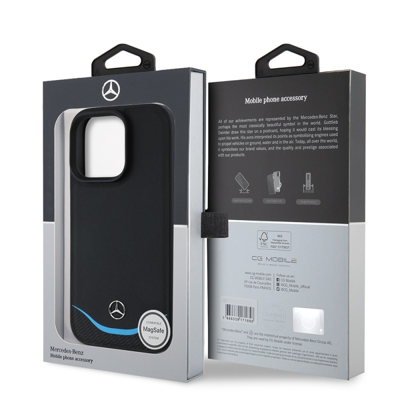 Apple iPhone 16 Pro Kılıf Mercedes Benz Orjinal Lisanslı M-safe Şarj Özellikli 3D Metal Logolu Mavi Yatay Eğri Çizgili Deri Kapak - 9