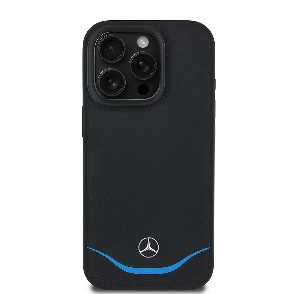 Apple iPhone 16 Pro Kılıf Mercedes Benz Orjinal Lisanslı M-safe Şarj Özellikli 3D Metal Logolu Mavi Yatay Eğri Çizgili Deri Kapak - Siyah