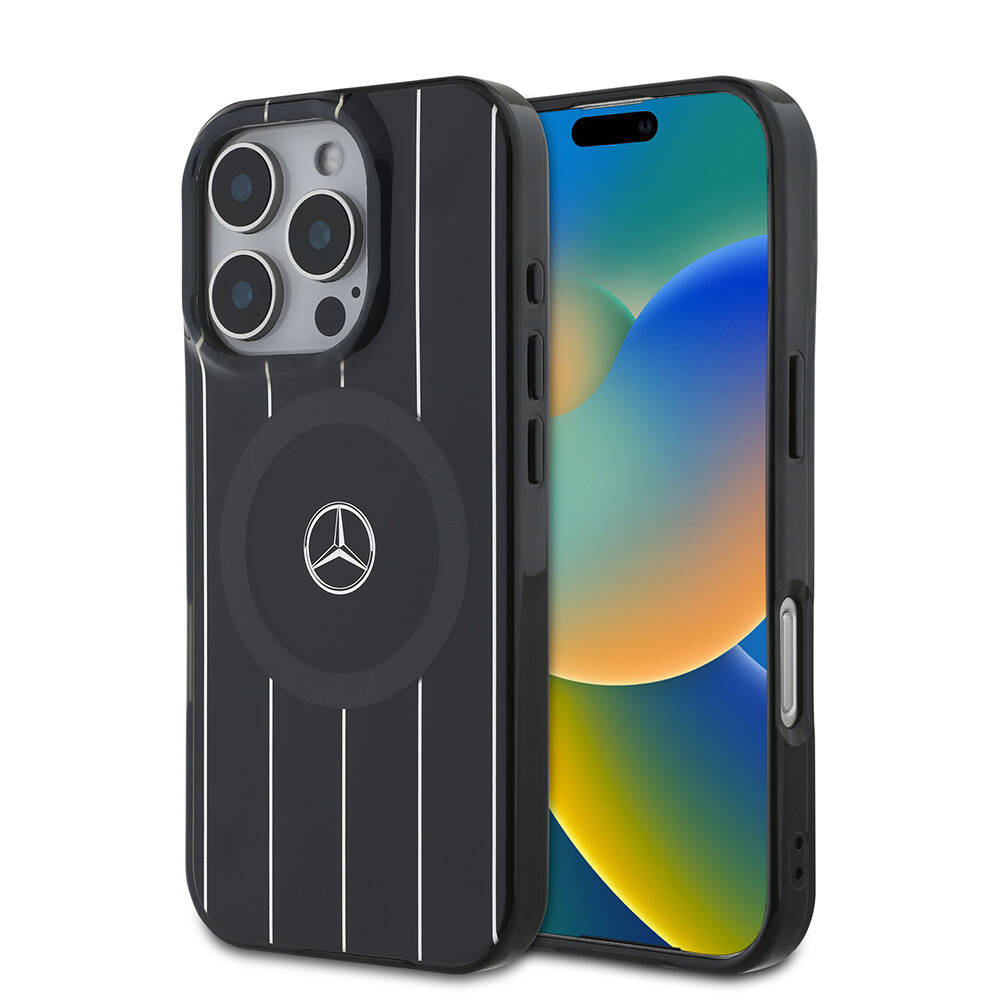 Apple iPhone 16 Pro Kılıf Mercedes Benz Orjinal Lisanslı M-safe Şarj Özellikli Çift Katmanlı Paralel Çizgi Desenli Kapak - Siyah