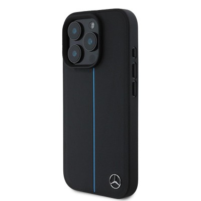 Apple iPhone 16 Pro Kılıf Mercedes Benz Orjinal Lisanslı M-safe Şarj Özellikli Metal Yıldız Logolu Mavi Çizgili Deri Kapak - 3